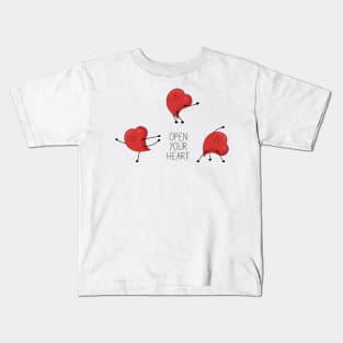 Open your heart illustration with red cartoon character doing yoga Kids T-Shirt